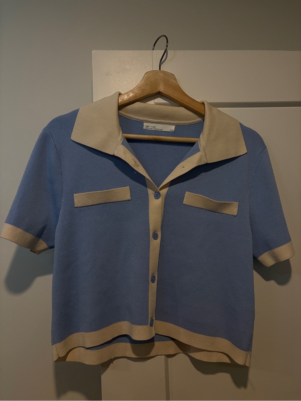 OAK + FORT Blue Short-Sleeve Button Down Polo with Cream Trim